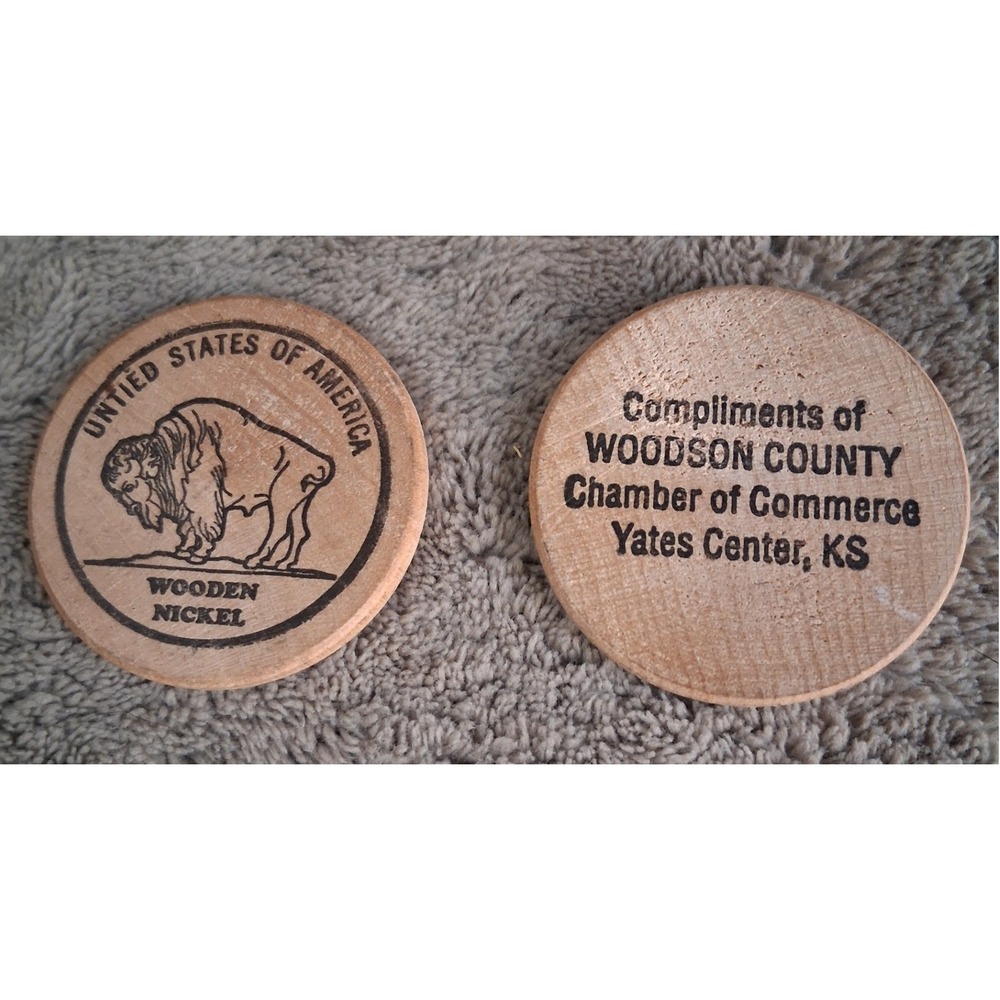 Vintage Woodson County Kansas Wooden Nickel Buffalo Token Yates Center Set of 2